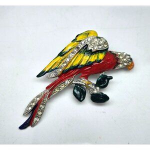 Vintage 1940s Jose' Rodriguez Rhinestone & Enamel Parrot Brooch Made In USA